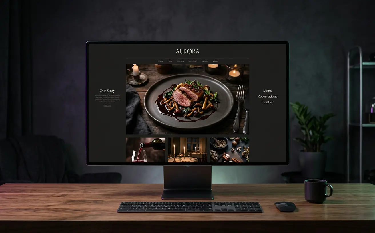 A boutique restaurant website concept displayed on a desktop monitor